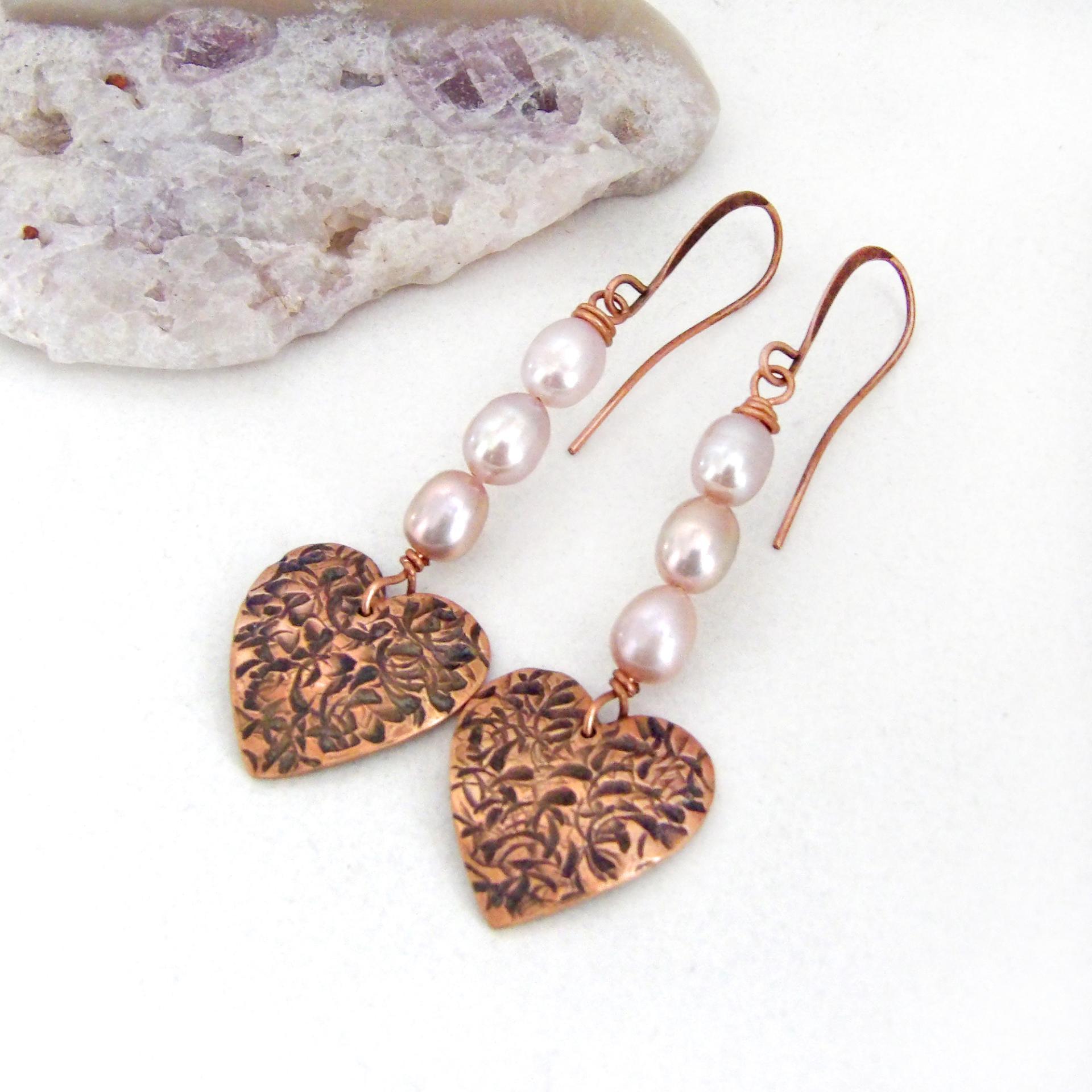 Copper Heart Dangle Earrings with Pink Pearls - Valentine Jewelry Gifts for Women