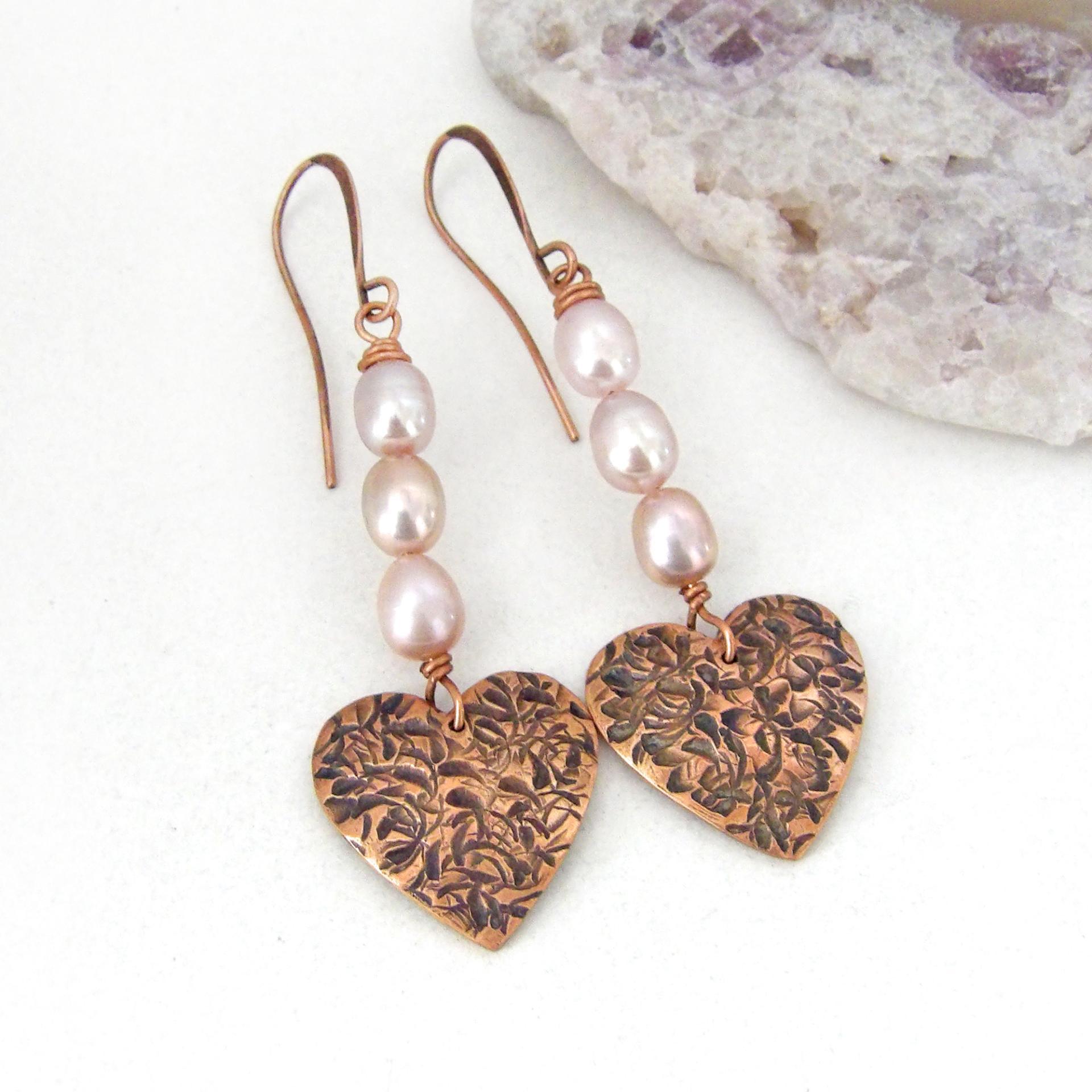 Copper Heart Dangle Earrings with Pink Pearls - Valentine Jewelry Gifts for Women