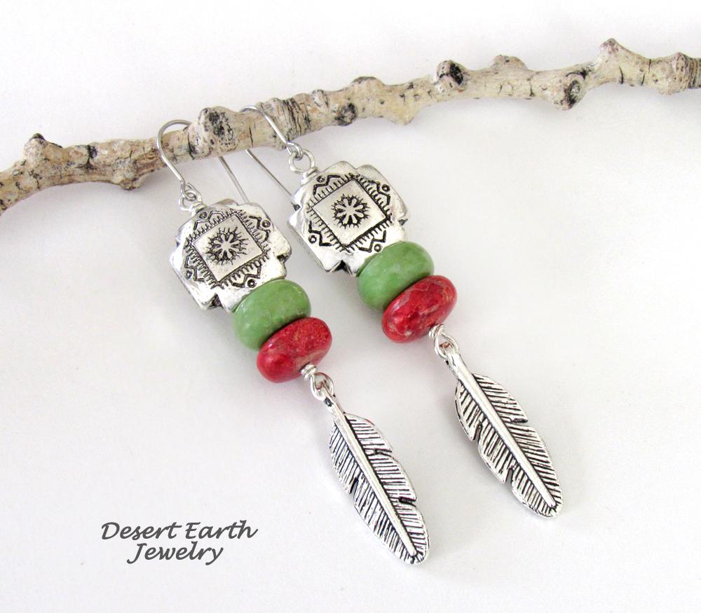 Southwest Tribal Cross Earrings with Feathers, Red Coral & Green Serpentine Stones - Native Style Southwestern Jewelry