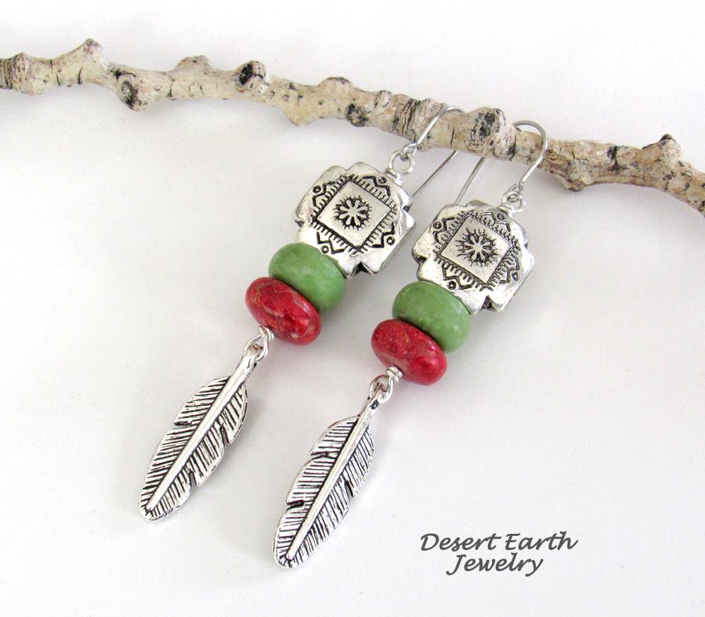 Southwest Tribal Cross Earrings with Feathers, Red Coral & Green Serpentine Stones - Native Style Southwestern Jewelry
