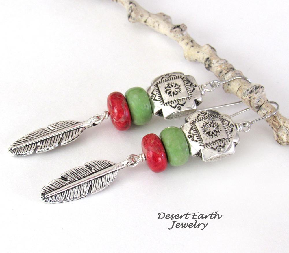 Southwest Tribal Cross Earrings with Feathers, Red Coral & Green Serpentine Stones - Native Style Southwestern Jewelry