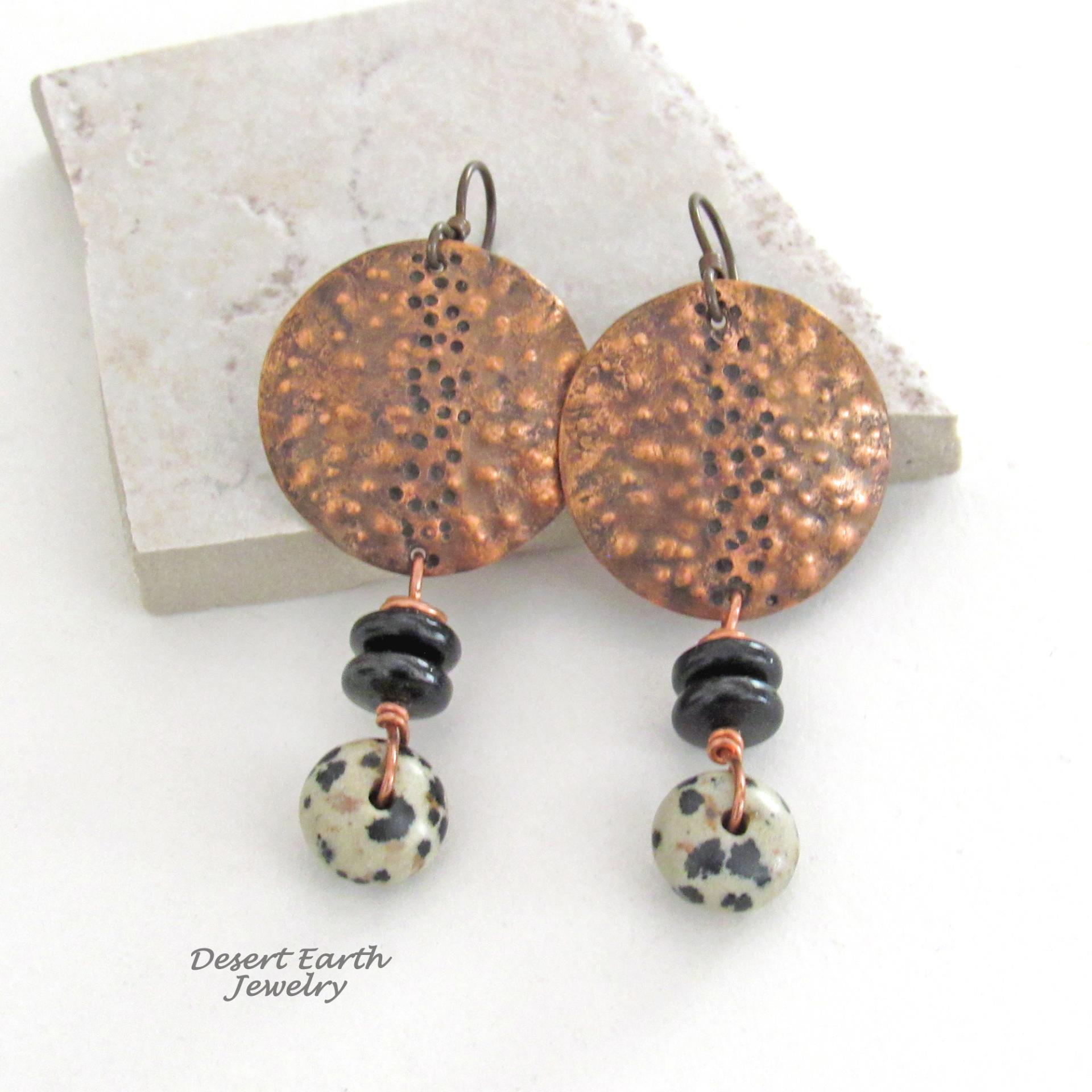 Hammered Copper Earrings with Dalmatian Jasper Stone Dangles - Unique Bohemian Tribal Style Jewelry