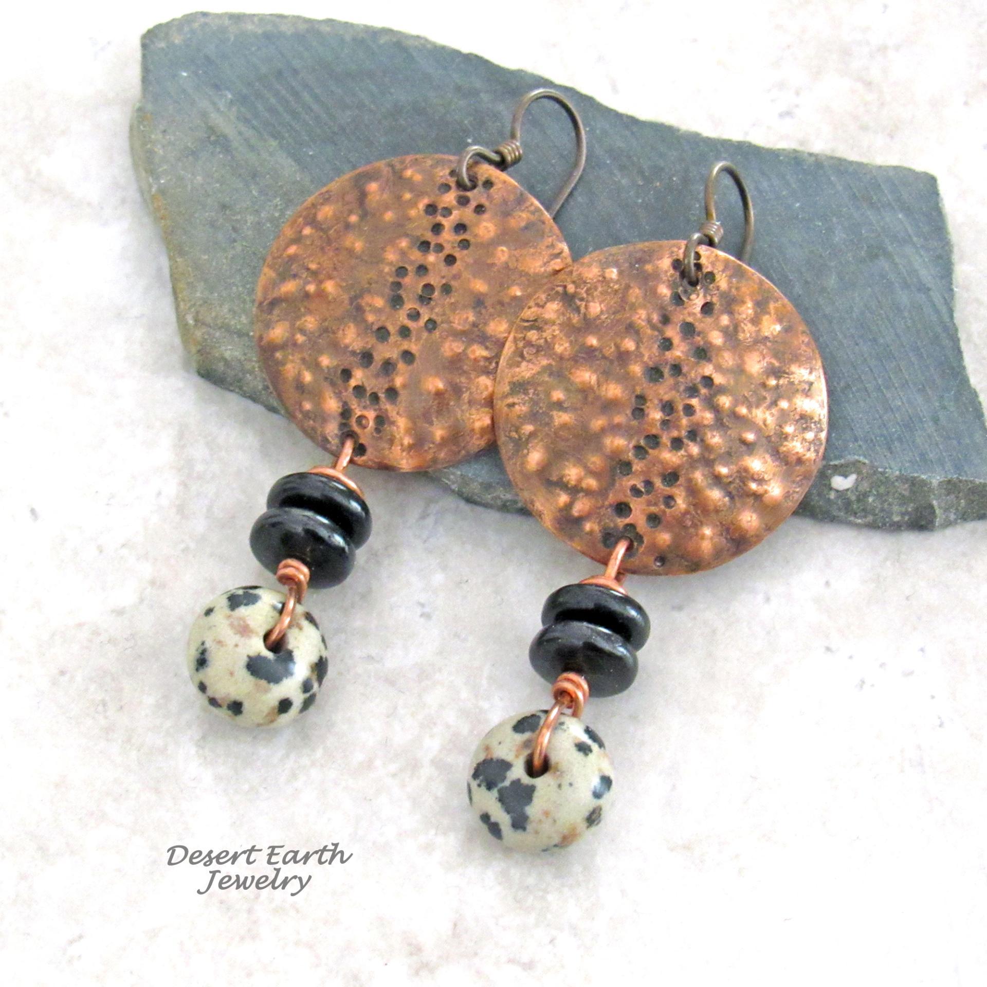 Hammered Copper Earrings with Dalmatian Jasper Stone Dangles - Unique Bohemian Tribal Style Jewelry
