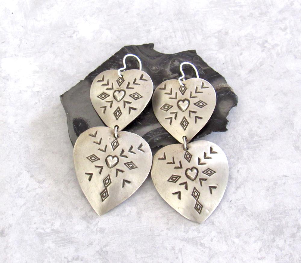 SALE: Large Sterling Silver Heart Shaped Concho Earrings - Vintage Southwestern Jewelry