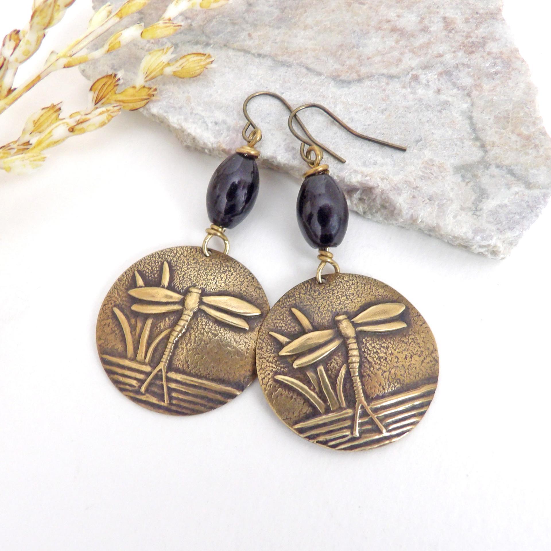 Gold Brass Dragonfly Earrings with Black Beads - Earthy Nature Jewelry Gifts