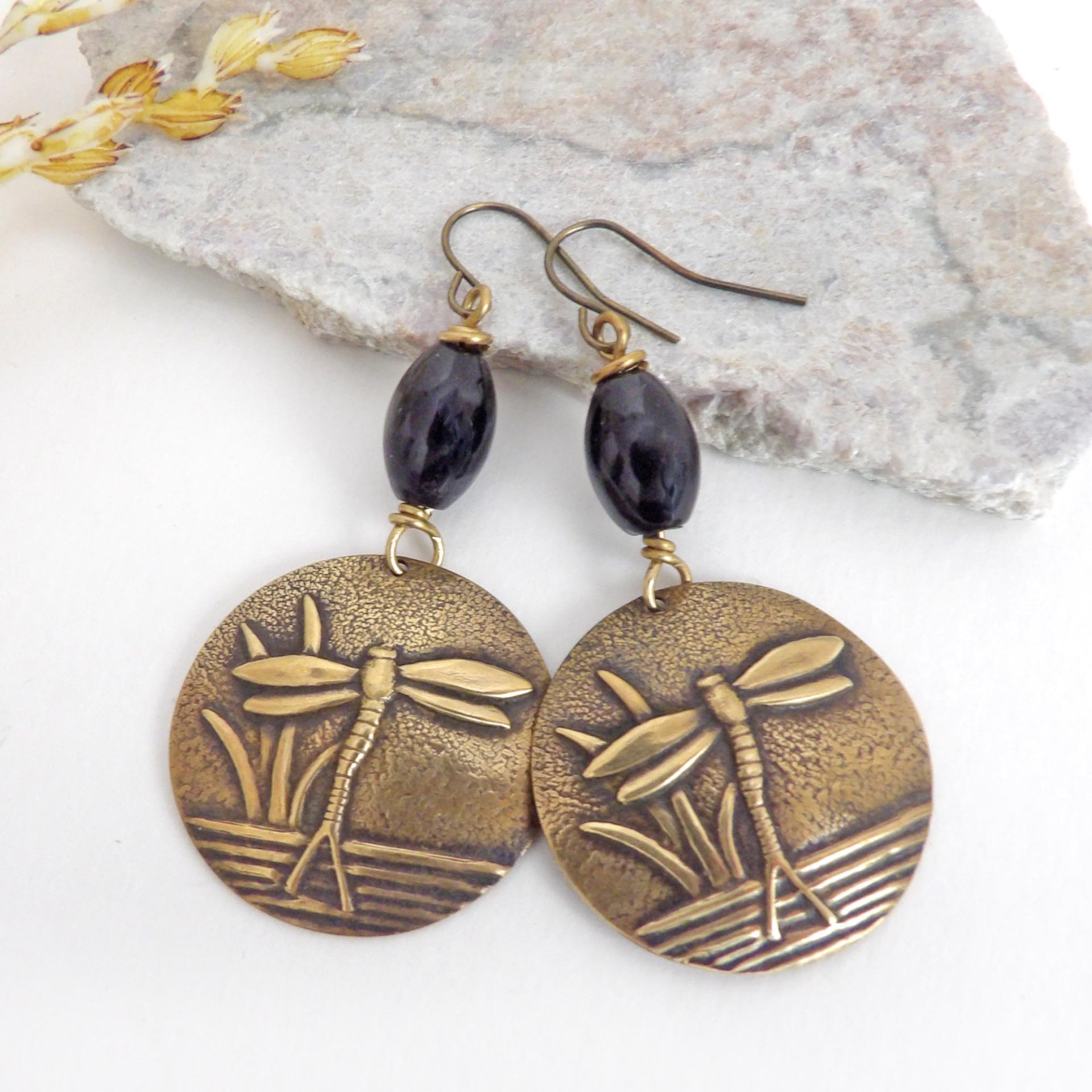 Gold Brass Dragonfly Earrings with Black Beads - Earthy Nature Jewelry Gifts