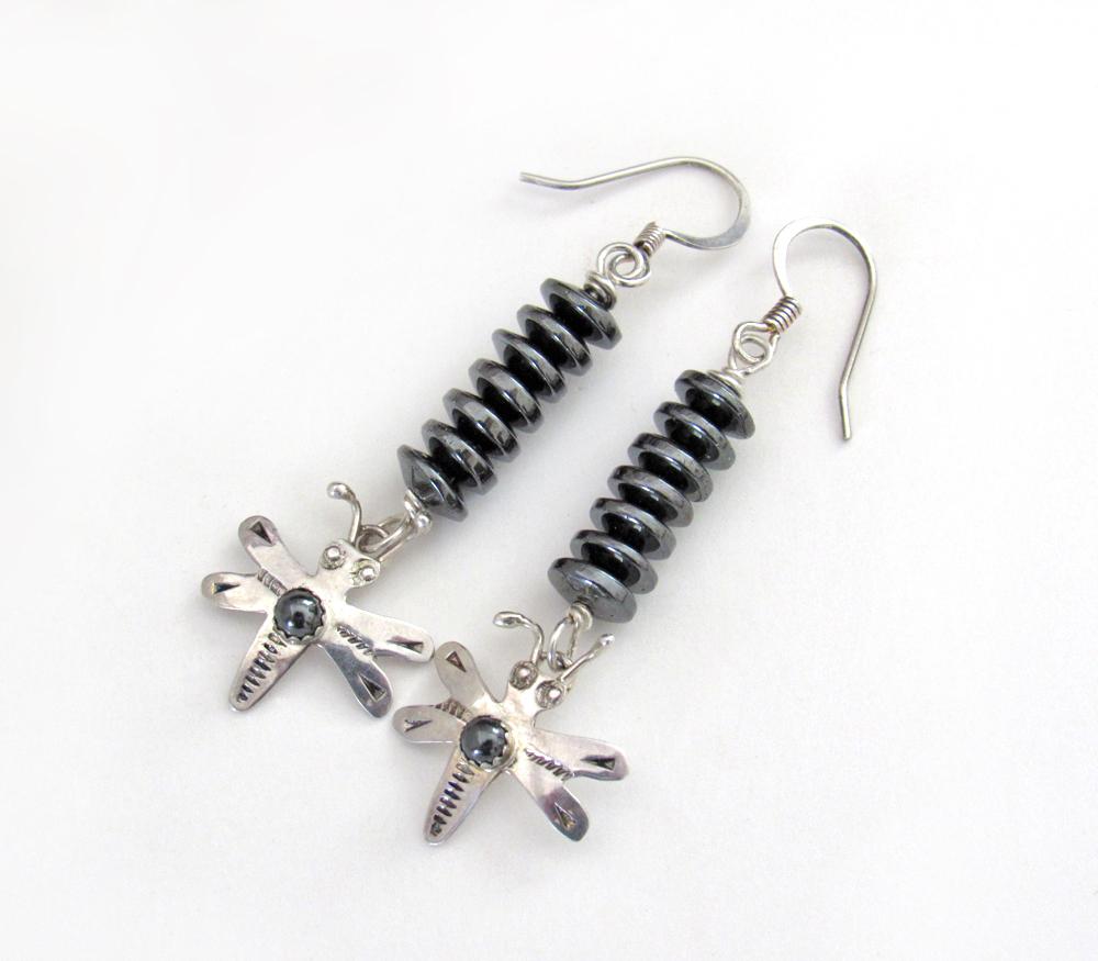 Sterling Silver Dragonfly Earrings with Gray Hematite Gemstones - Boho Whimiscal Nature Jewelry Gifts for Women or Girls