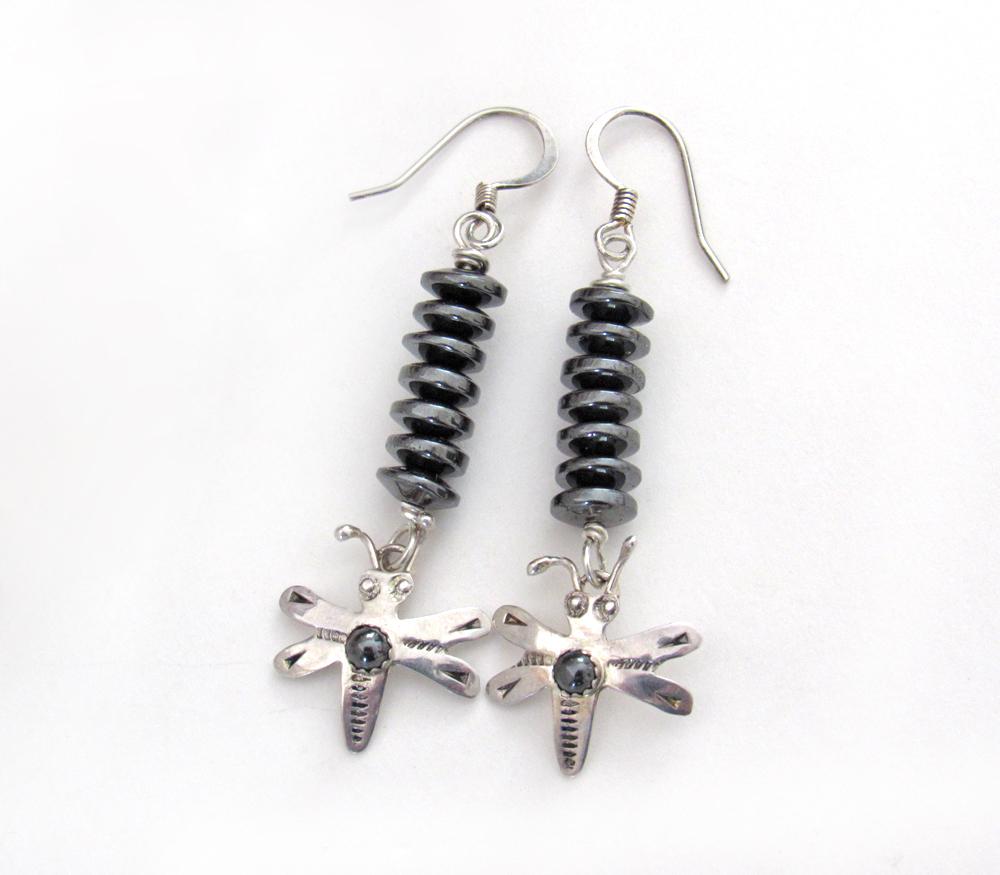 Sterling Silver Dragonfly Earrings with Gray Hematite Gemstones - Boho Whimiscal Nature Jewelry Gifts for Women or Girls