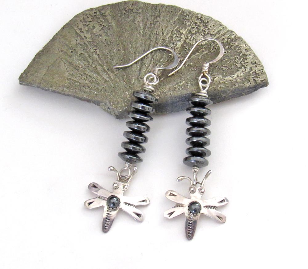Sterling Silver Dragonfly Earrings with Gray Hematite Gemstones - Boho Whimiscal Nature Jewelry Gifts for Women or Girls