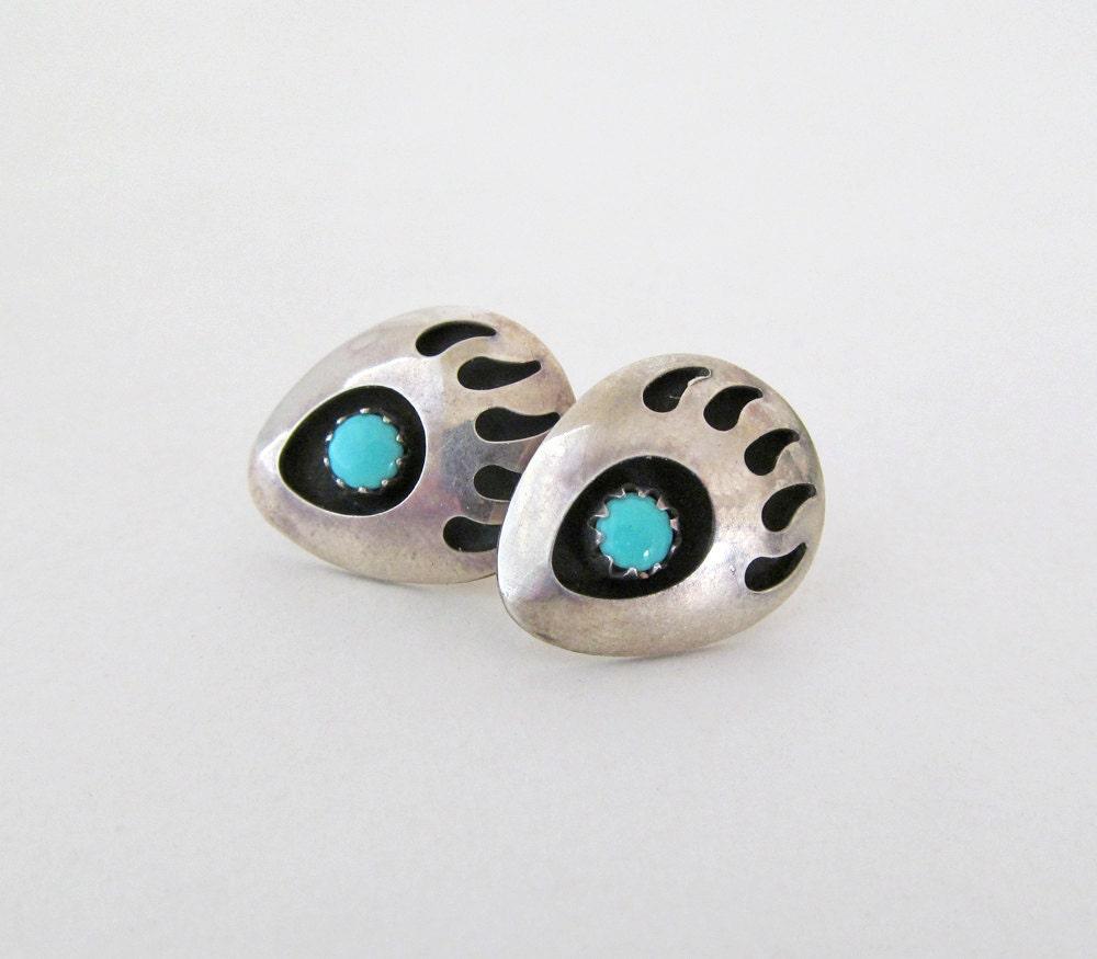 Small Sterling Silver & Turquoise Bear Claw Stud Earrings - Vintage Native Style Southwestern Jewelry
