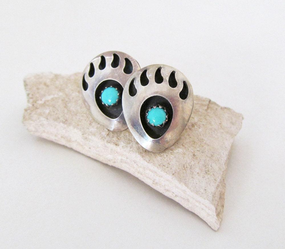 Small Sterling Silver & Turquoise Bear Claw Stud Earrings - Vintage Native Style Southwestern Jewelry