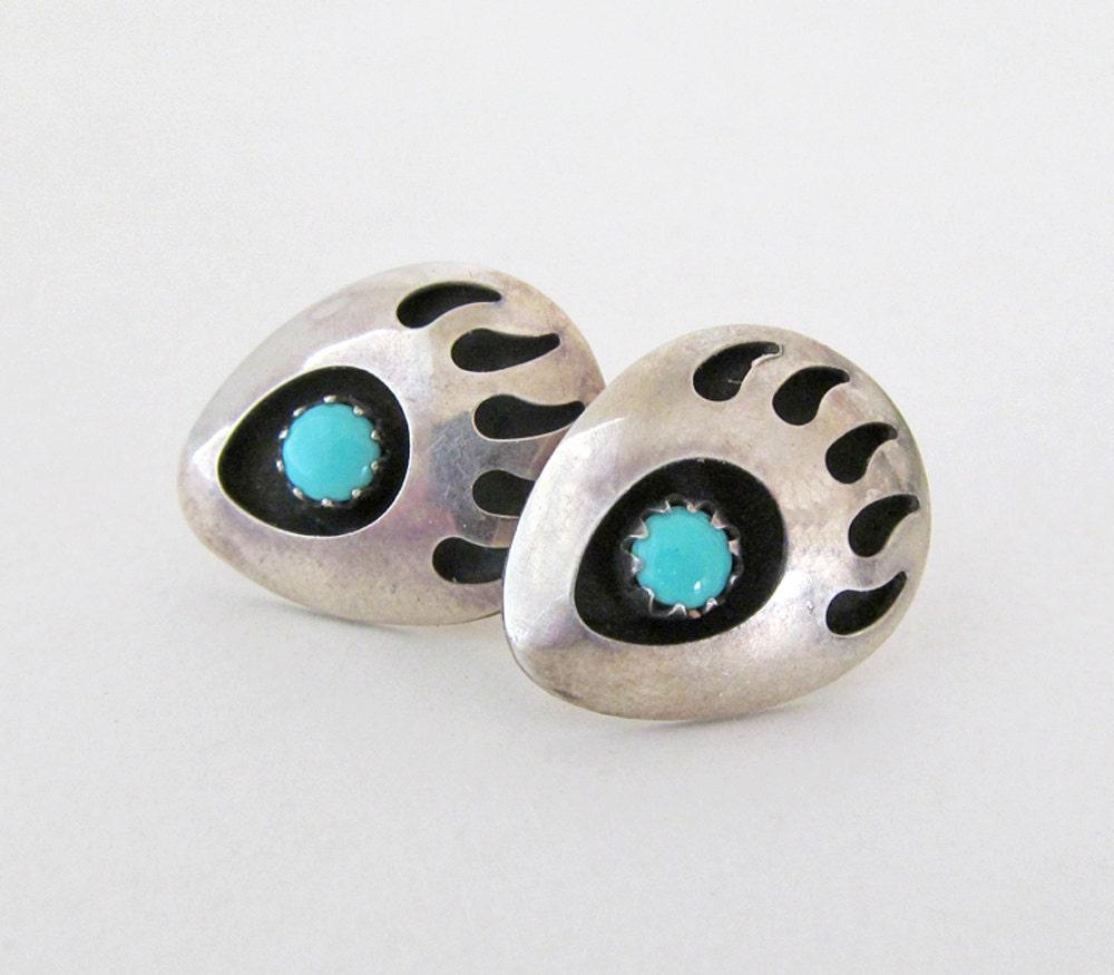 Small Sterling Silver & Turquoise Bear Claw Stud Earrings - Vintage Native Style Southwestern Jewelry