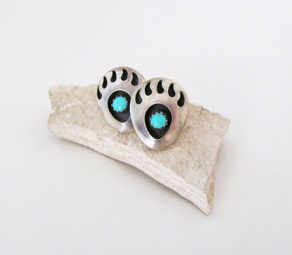 Small Sterling Silver & Turquoise Bear Claw Stud Earrings - Vintage Native Style Southwestern Jewelry
