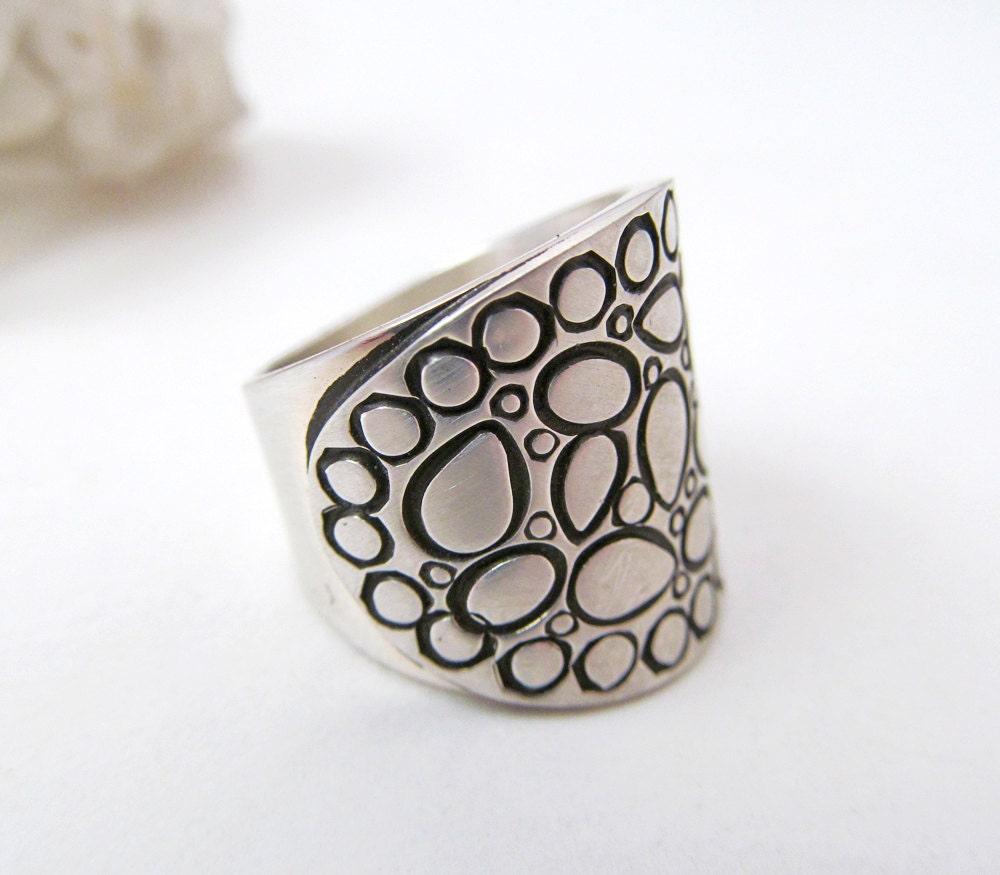 Sterling Silver Band Ring with Cobblestone Texture - Bold Unique Statement Rings for Women