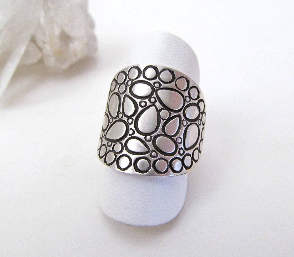 Sterling Silver Band Ring with Cobblestone Texture - Bold Unique Statement Rings for Women