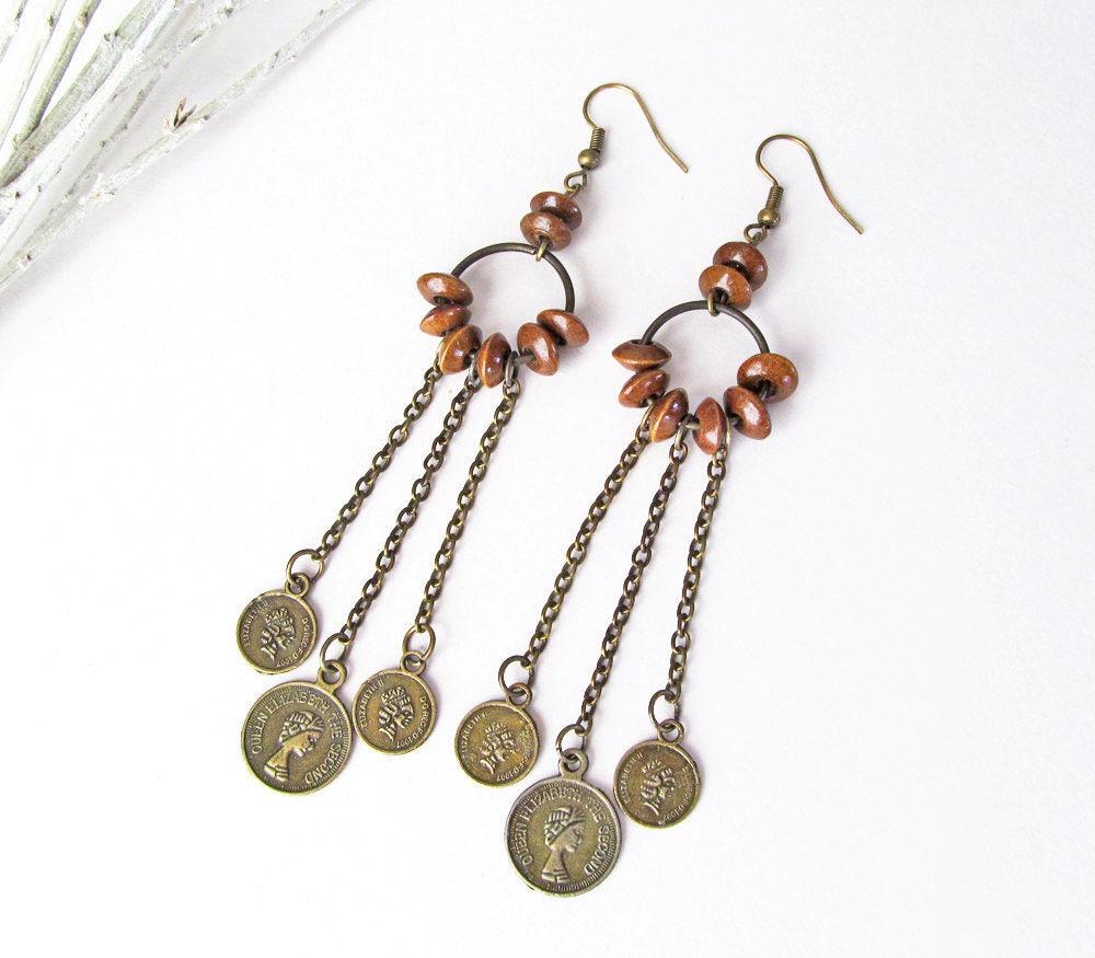 Long Vintage Gypsy Chandelier Earrings with Faux Coin Dangles - Bohemian Hippie Fashion Costume Jewelry