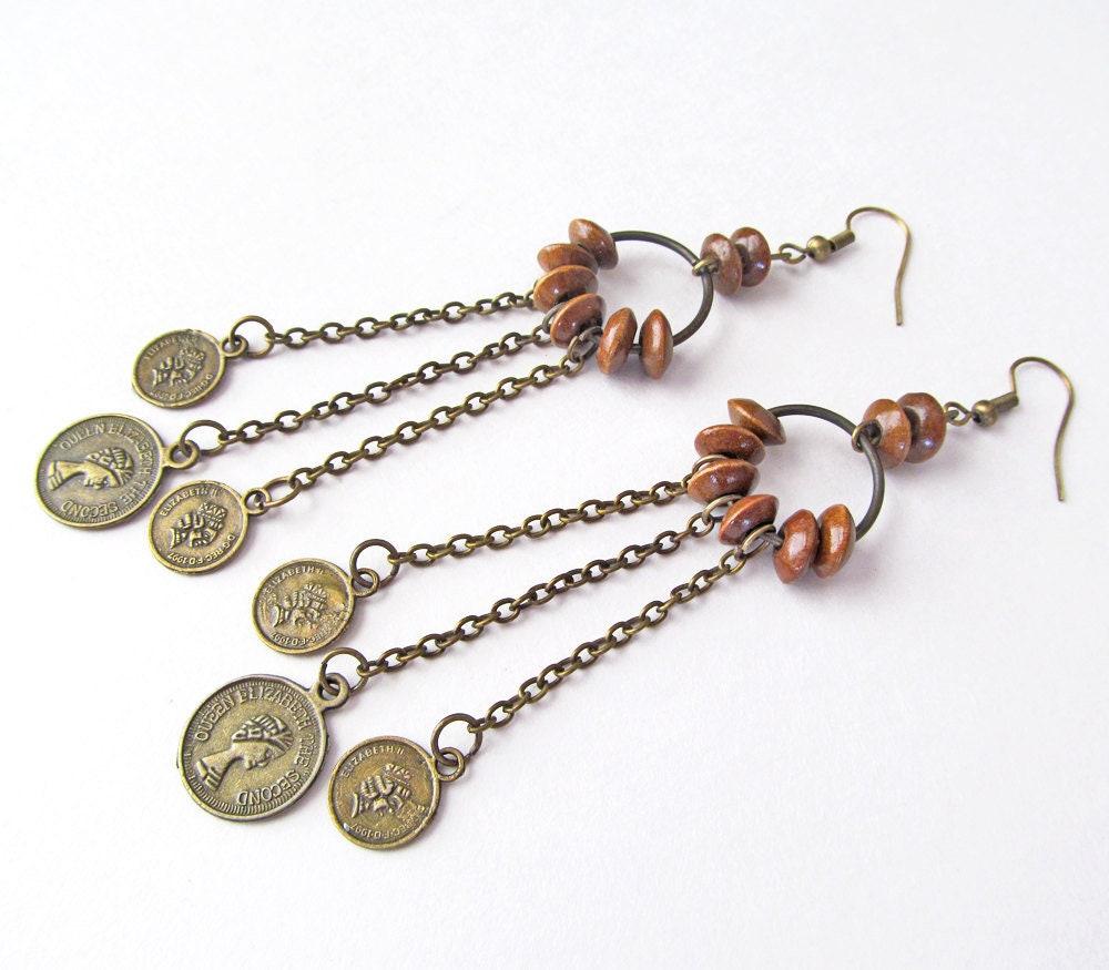 Long Vintage Gypsy Chandelier Earrings with Faux Coin Dangles - Bohemian Hippie Fashion Costume Jewelry