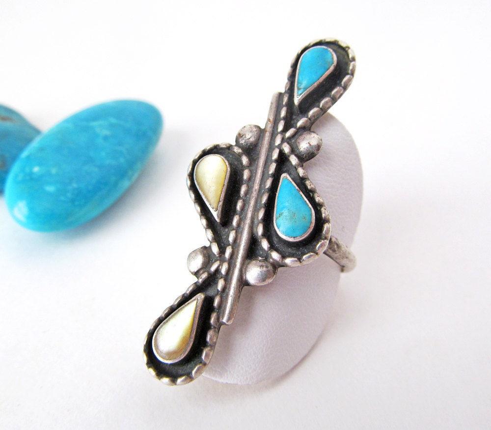 Big Bold Sterling Silver Ring with Turquoise and Mother of Pearl - Vintage Native Style Southwestern Jewelry