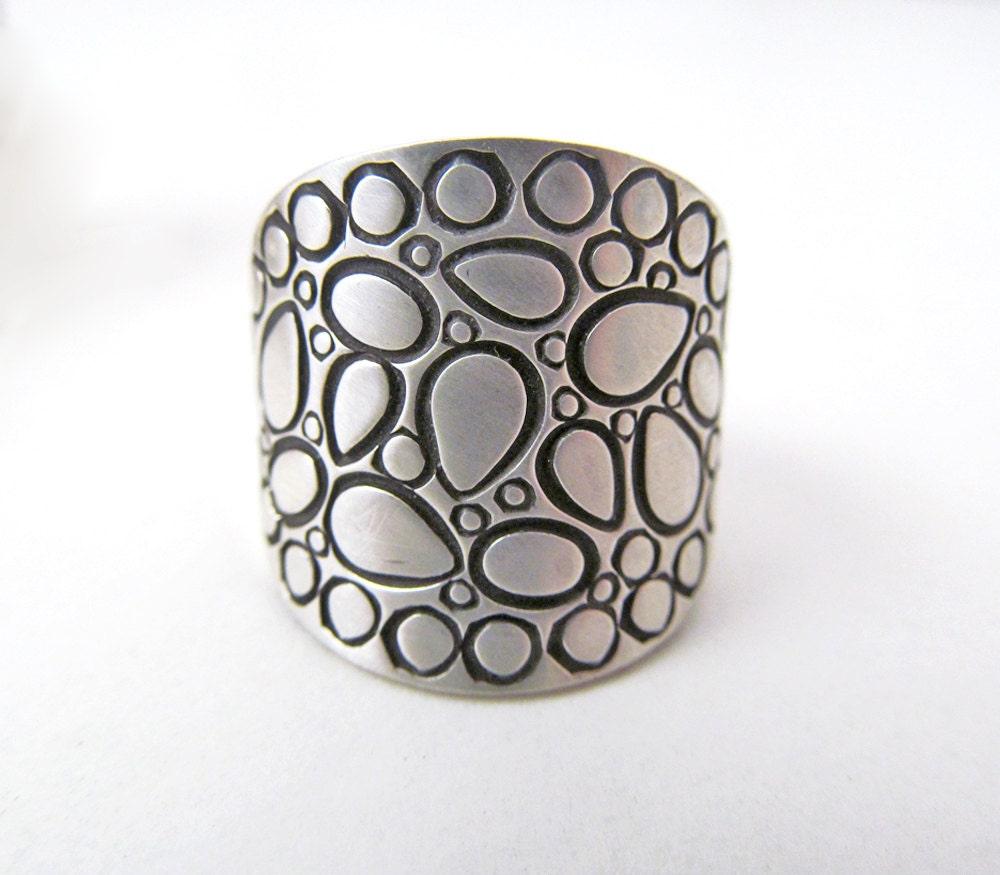 Sterling Silver Band Ring with Cobblestone Texture - Bold Unique Statement Rings for Women