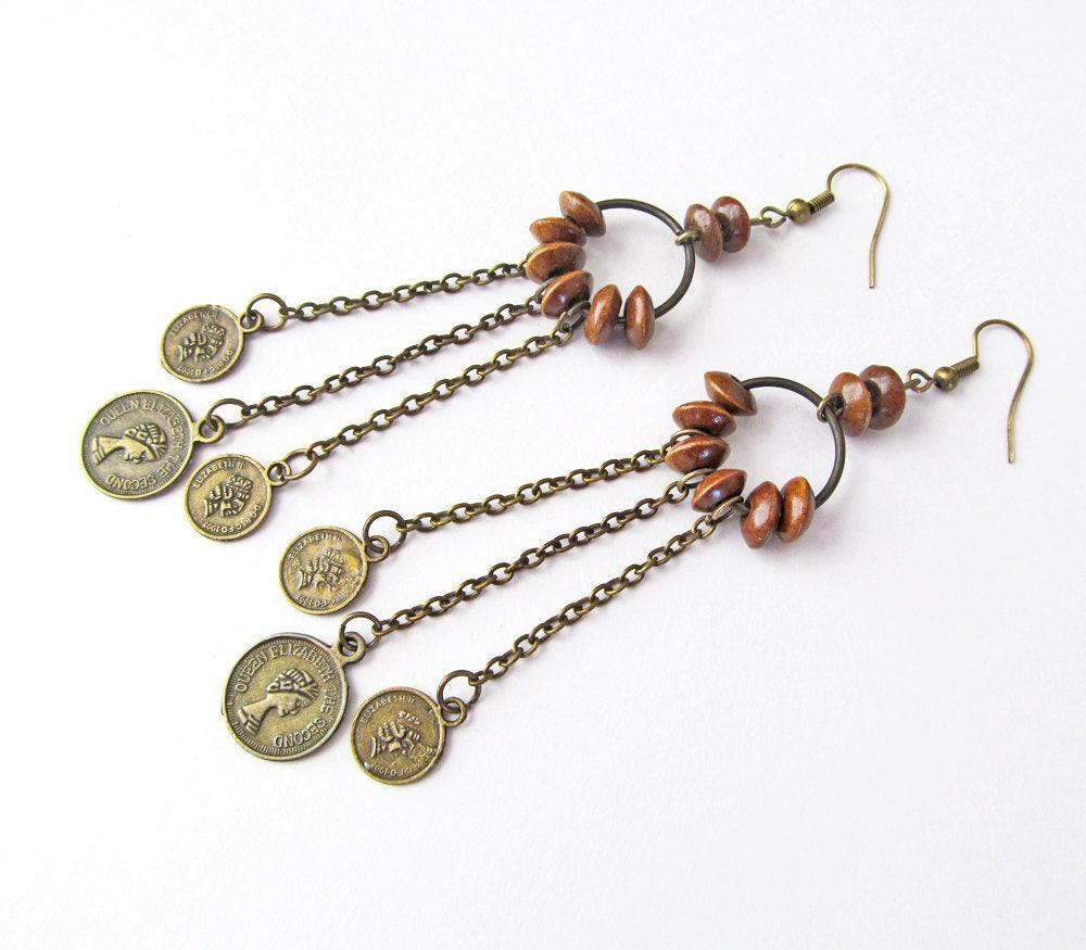 Long Vintage Gypsy Chandelier Earrings with Faux Coin Dangles - Bohemian Hippie Fashion Costume Jewelry