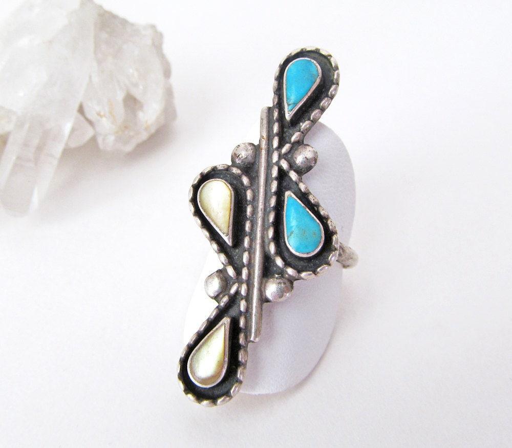 Big Bold Sterling Silver Ring with Turquoise and Mother of Pearl - Vintage Native Style Southwestern Jewelry