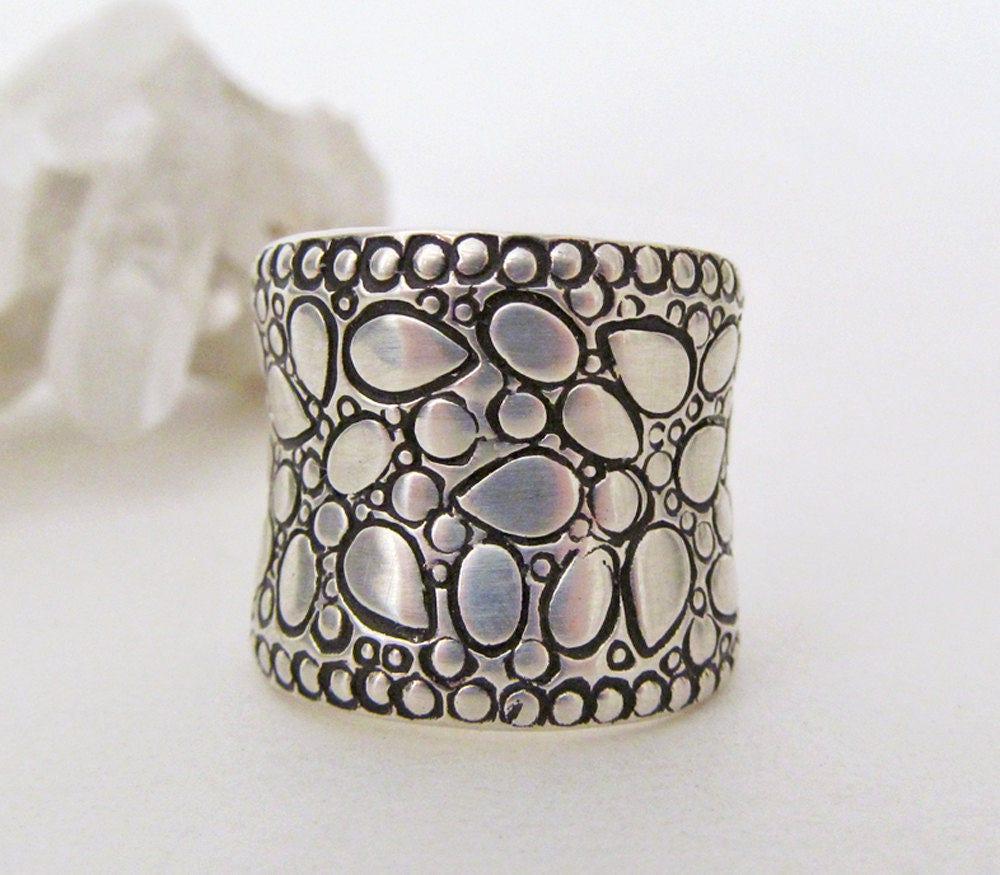 Textured Sterling Silver Wide Band Ring - Unique Modernist Style Jewelry