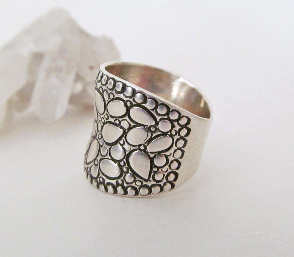 Textured Sterling Silver Wide Band Ring - Unique Modernist Style Jewelry