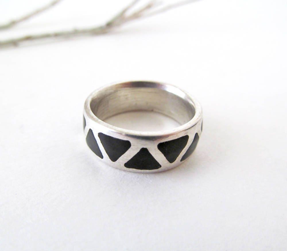 Sterling Silver Band Ring with Inlaid Black Onyx Stones - Silver Stackable Ring