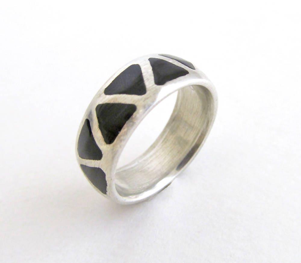 Sterling Silver Band Ring with Inlaid Black Onyx Stones - Silver Stackable Ring