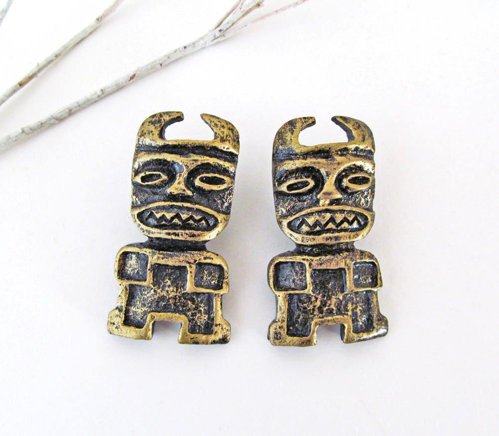 African Tribal Mask Earrings - Ethnic Tribal Vintage Costume Jewelry