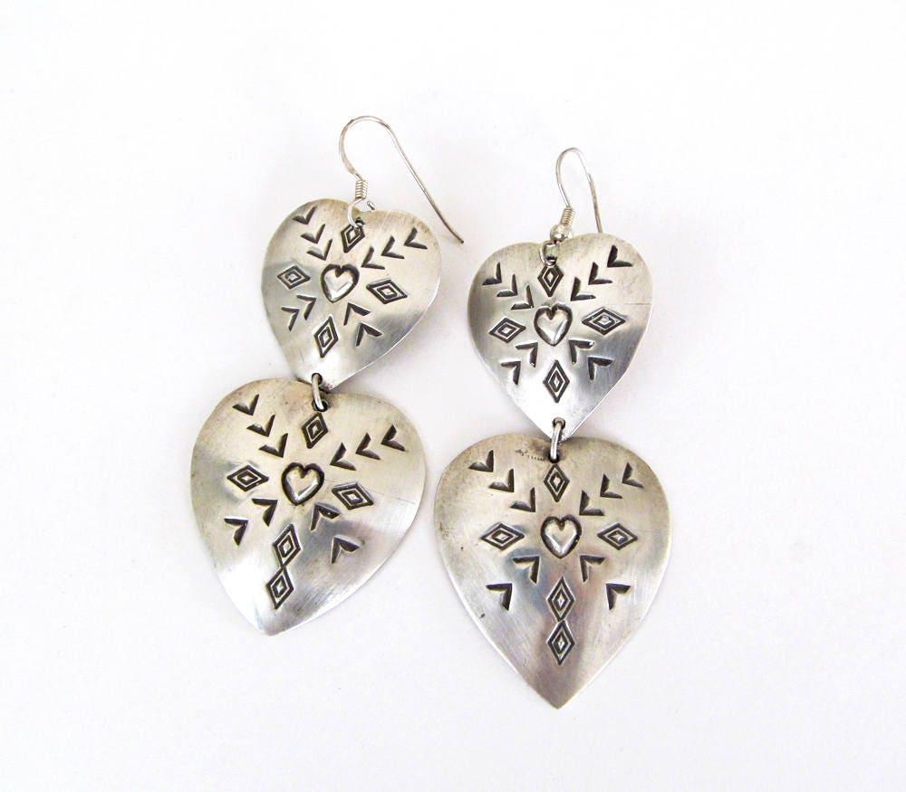 Large Sterling Silver Heart Shaped Concho Earrings - Vintage Southwestern Jewelry