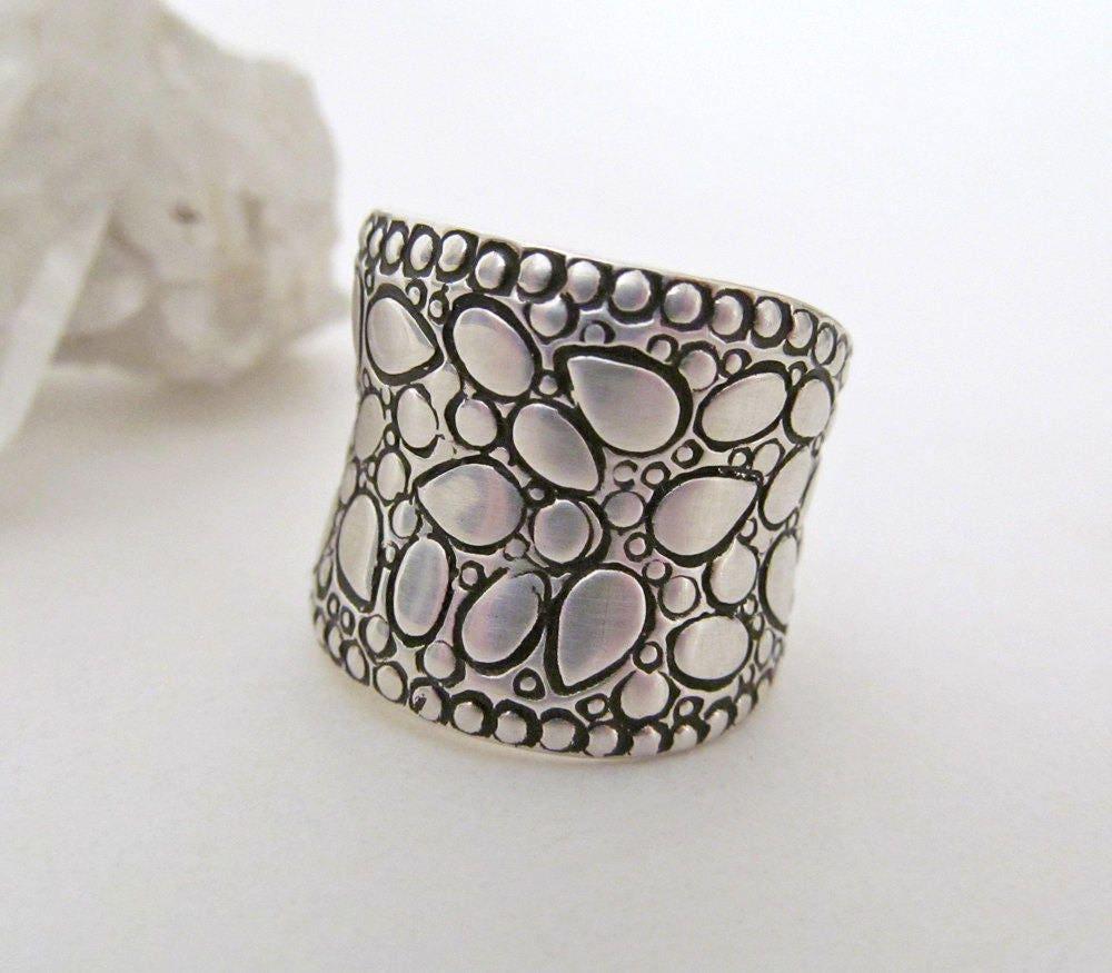 Textured Sterling Silver Wide Band Ring - Unique Modernist Style Jewelry