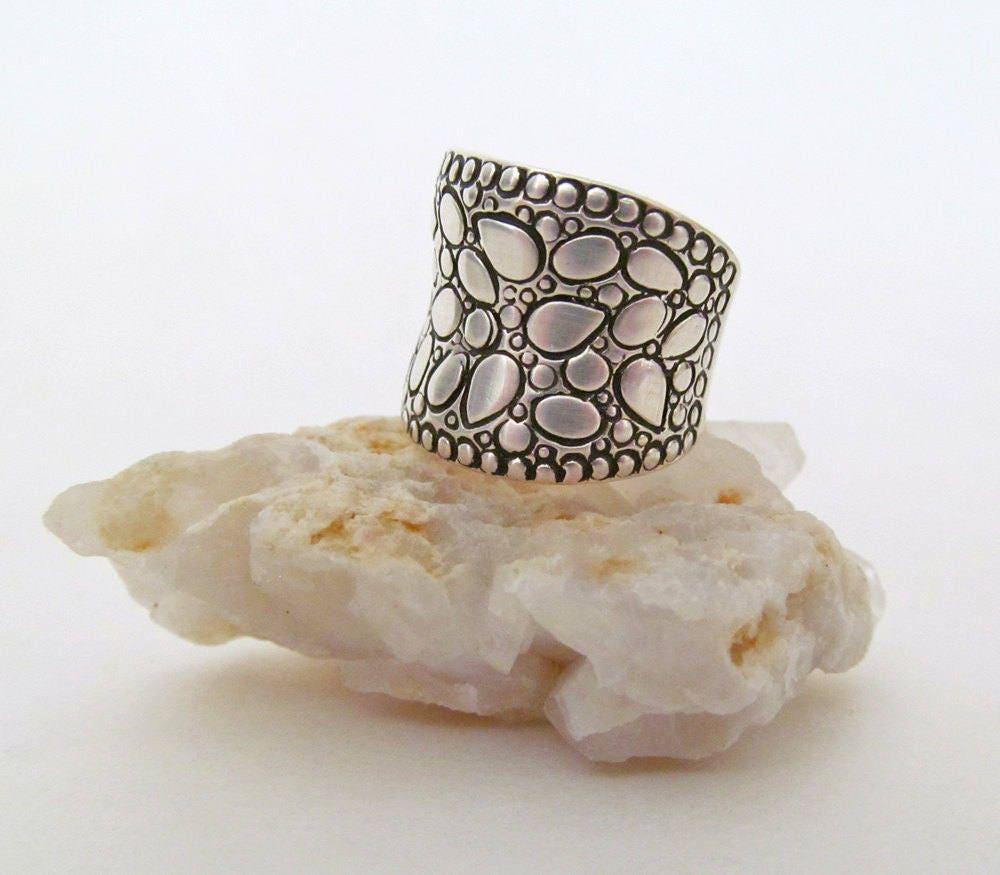 Textured Sterling Silver Wide Band Ring - Unique Modernist Style Jewelry