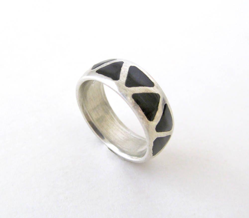 Sterling Silver Band Ring with Inlaid Black Onyx Stones - Silver Stackable Ring