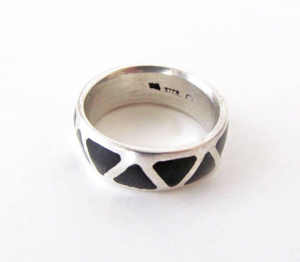 Sterling Silver Band Ring with Inlaid Black Onyx Stones - Silver Stackable Ring