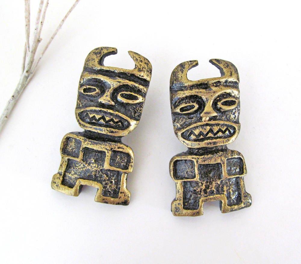 African Tribal Mask Earrings - Ethnic Tribal Vintage Costume Jewelry