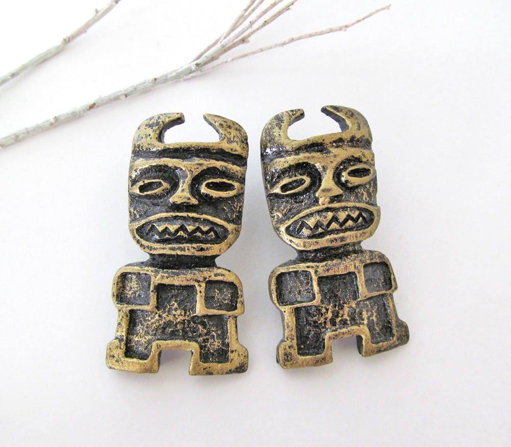 African Tribal Mask Earrings - Ethnic Tribal Vintage Costume Jewelry