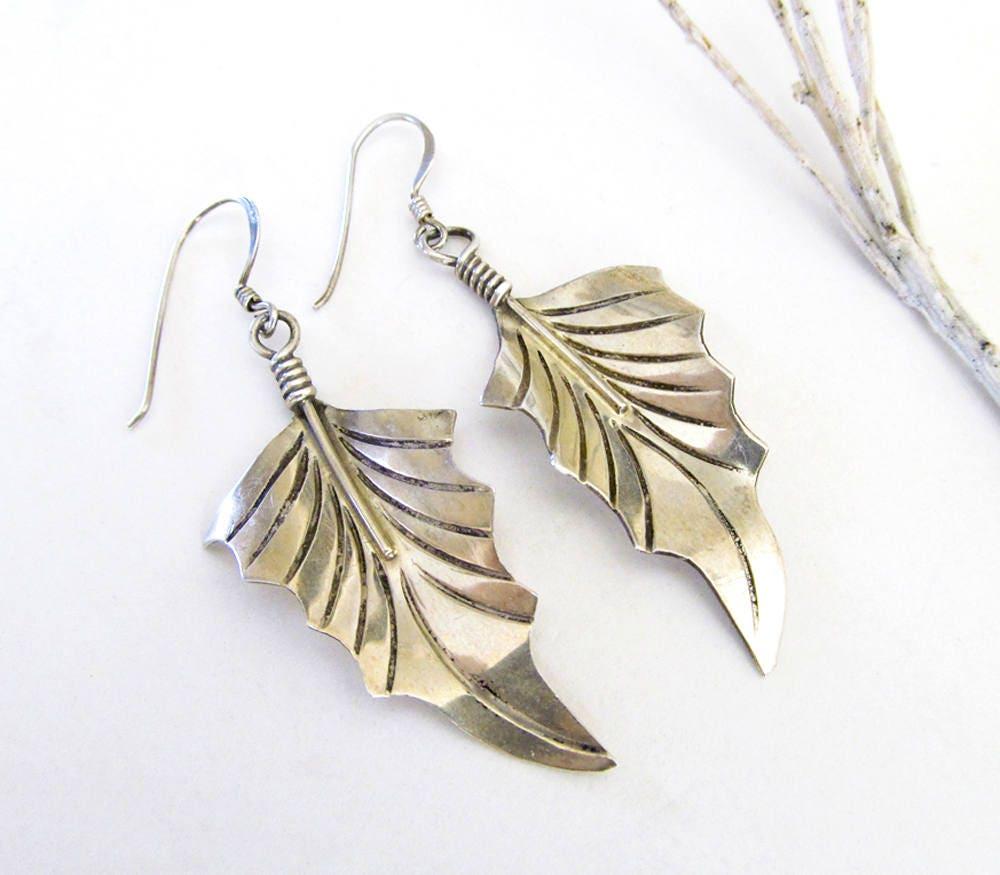 Hand Stamped Sterling Silver Leaf Earrings - Modern Earthy Nature Jewelry 