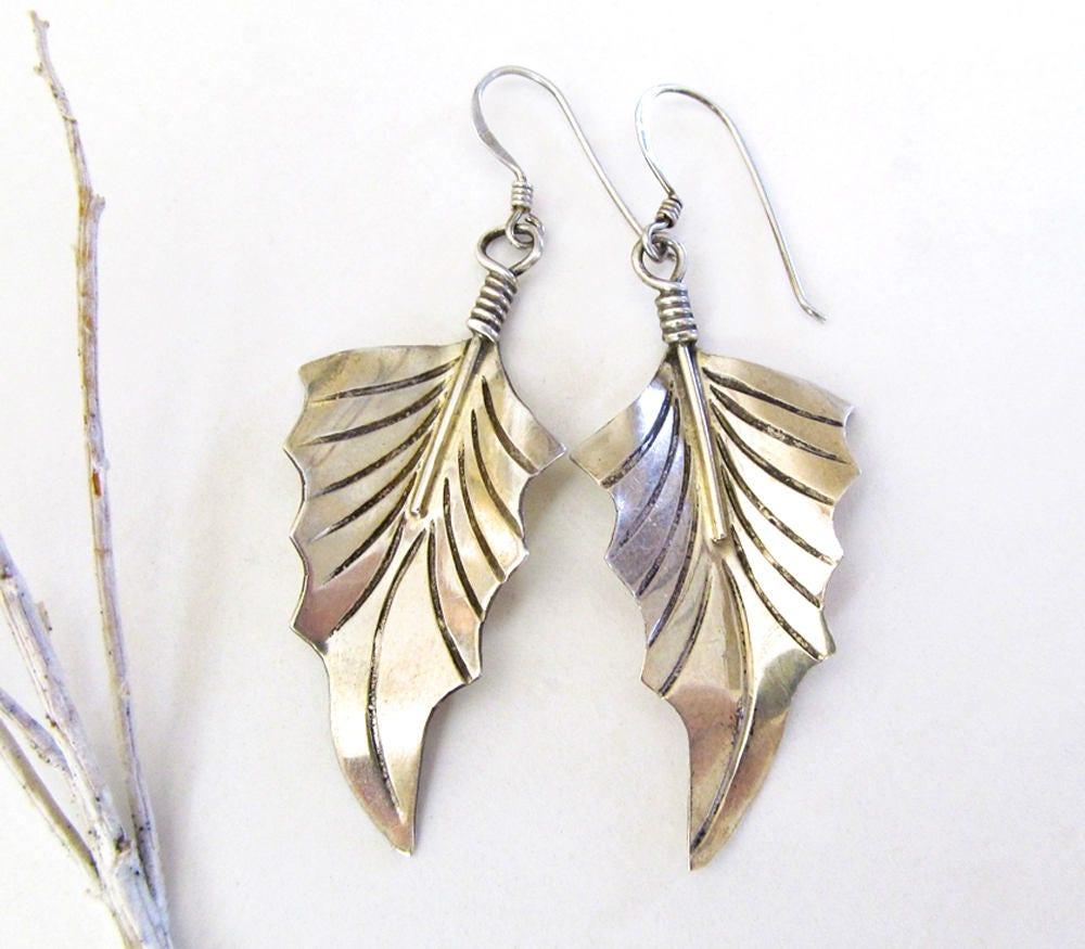 Hand Stamped Sterling Silver Leaf Earrings - Modern Earthy Nature Jewelry 