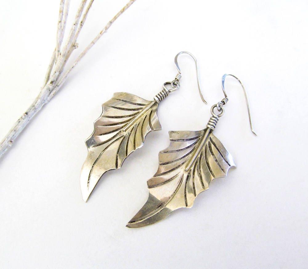 Hand Stamped Sterling Silver Leaf Earrings - Modern Earthy Nature Jewelry 