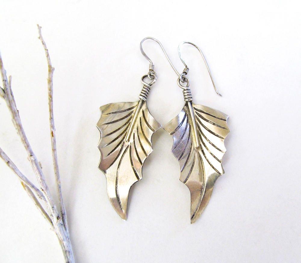 Hand Stamped Sterling Silver Leaf Earrings - Modern Earthy Nature Jewelry 
