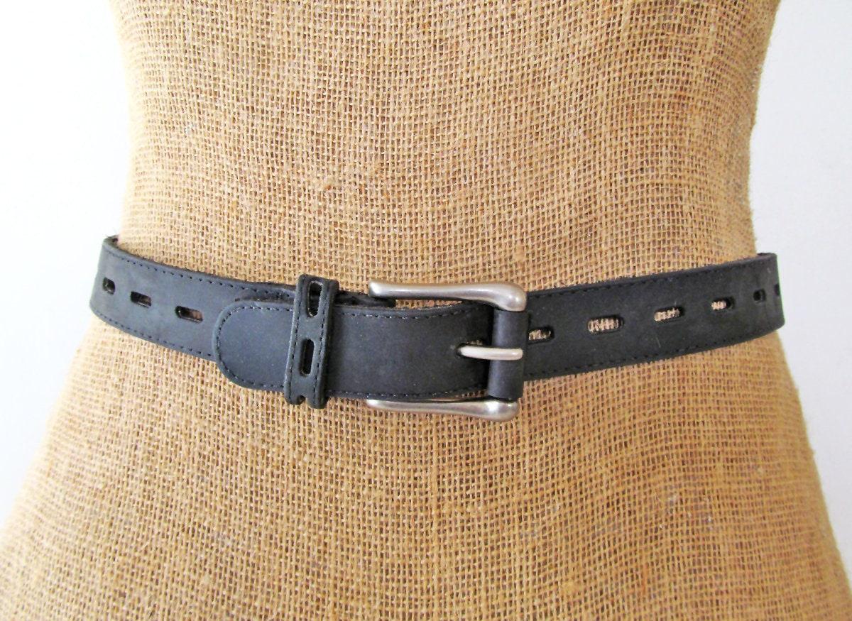 Vintage Black Genuine Leather Belt with Silver Tone Buckle - Women's Adjustable Size Belt Size - Made in the USA