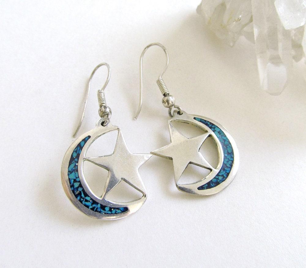 Sterling Silver Crescent Moon & Star Earrings with Inlaid Mosaic Turquoise - Celestial Jewelry