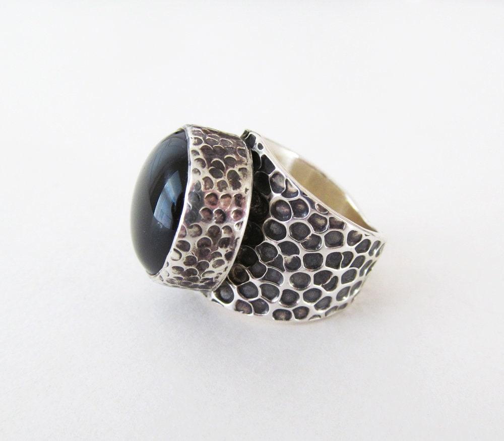 Hammered Thick Sterling Silver Band Ring with Black Onyx Gemstone