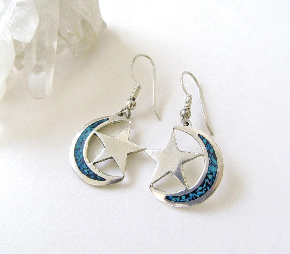 Sterling Silver Crescent Moon & Star Earrings with Inlaid Mosaic Turquoise - Celestial Jewelry