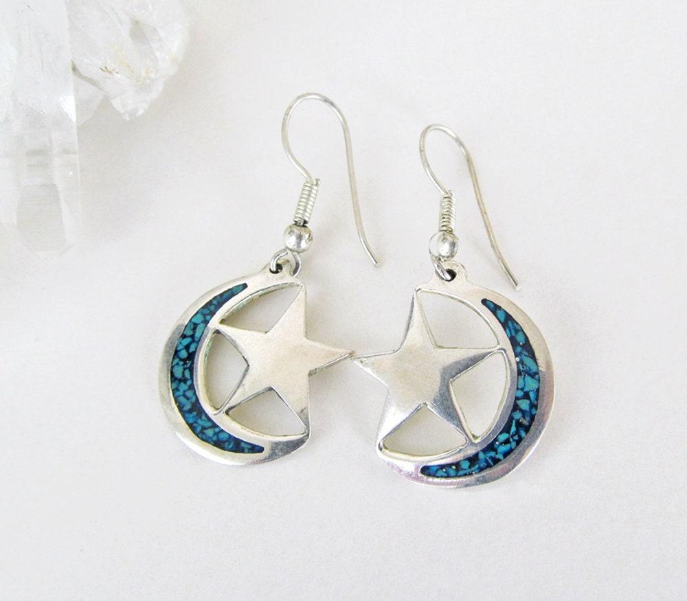 Sterling Silver Crescent Moon & Star Earrings with Inlaid Mosaic Turquoise - Celestial Jewelry