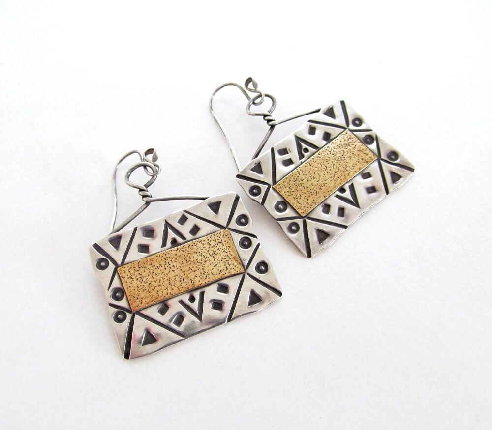 Big Bold Hand Stamped Sterling Silver Earrings - Vintage Artisan Mixed Metal Jewelry