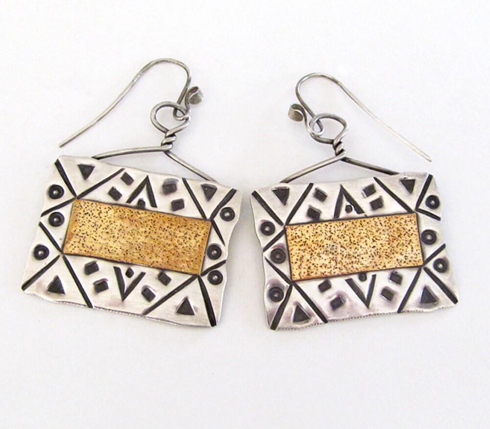 Big Bold Hand Stamped Sterling Silver Earrings - Vintage Artisan Mixed Metal Jewelry