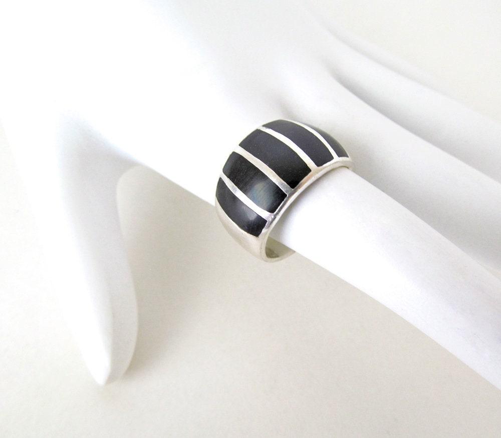 Inlaid Onyx Stone Sterling Silver Band Ring - Bold Classic Sterling Silver Jewelry