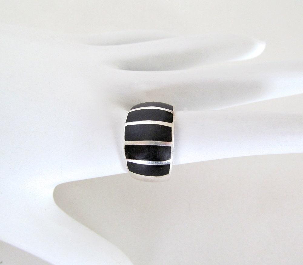 Inlaid Onyx Stone Sterling Silver Band Ring - Bold Classic Sterling Silver Jewelry